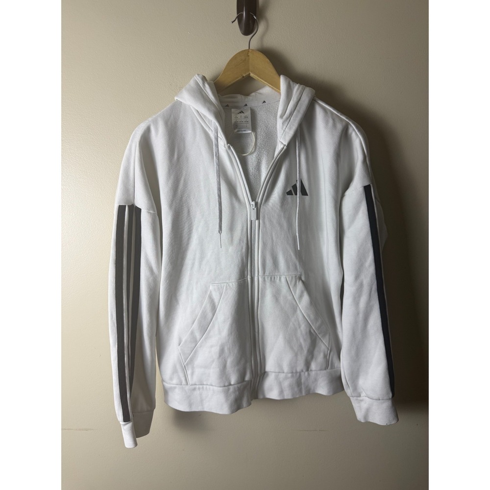 Adidas Hoodie Sweatshirt‎ Mens S White Full Zip Fleece Drawstring 3-Stripes Logo
